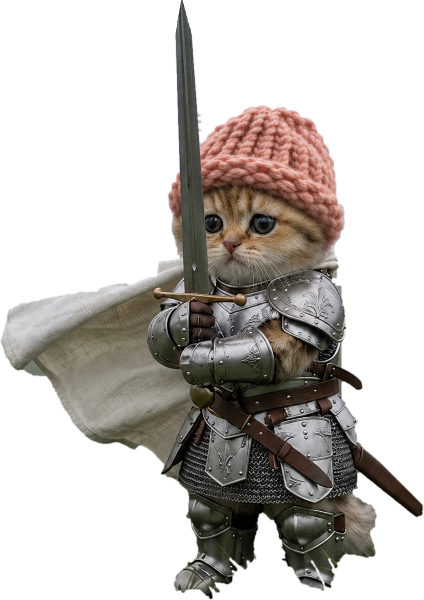 BunWif Cat — kitten knight in a pink knitted hat